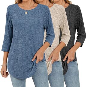 RIYIPER 3 Pack Women's 3/4 Crew Neck Tunic Tubs ، Raglan Sleeve Sleeved Sleved Side Side Dring Thirts فضفاضة