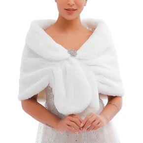 EARENT Women's Faux Fur Shawls and Wraps Bride Wedding Sleeveless 1920s Fur Scarfs Bridal Fur Stoles with Brooch Winter Fur Caplet for Brides and Bridesmaids (White)