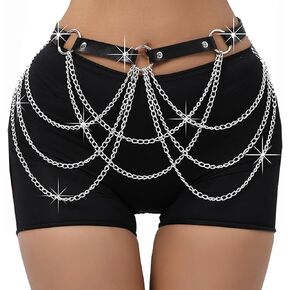 Punk Leather Waist Belly Chain Belt Black Fashion Harness Body Chain Layered Belly Chains,Gothic Leather Metal Waist Chain Body Belly Belt Chains Jewelry Rave Accessories for Every Women and Girls.