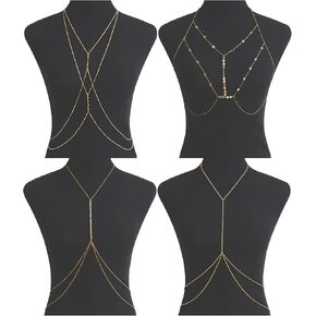 4 PCS 14K Gold Sexy Body Chains for Women Layered Rhinestone Belly Waist Chain Summer Beach Crossover Bikini Bra Body Jewelry Adjustable