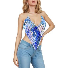 Sexy Sparkly Tops for Women Glitter Sequin Halter Top Chainmail Shirt Sparkle Disco Clubbing Outfits Chain Metallic Top