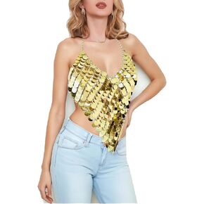 قميص مثير لبراقة للنساء بريق الترتر الرسن العلوي القميص قميص التألق ديسكو ملهى ملابس السلسلة المعدنية أعلى in Kuwait