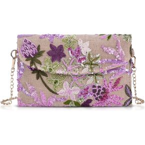 Clutch Purses for Women, Envelope Package, Sequin Embroidered Flowers Straw Bag, Bohemian Handmade Handbags