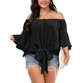 Womens Plus Size Off The Shoulder Blouse Tops Half Sleeves Tie Front Sexy Flowy Top