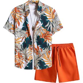 GORGLITTER Men's Summer Vacation Outfits Hawaiian Beach Floral Button Down Short Sleeve Shirt and Shorts Set