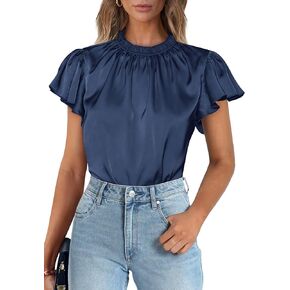 PRETTYGARDEN Business Casual Tops for Women Blouses Dressy 2025 Summer Short Sleeve Ruffle Satin Work Office Attire