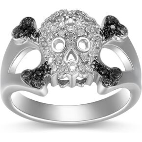 MORGAN & PAIGE .925 Sterling Silver Rhodium Plated 1/10 Cttw Black & White Diamond Skull and Crossbones Men's or Ladies Silver Ring (I-J Color, I2-I3 Clarity) - Sterling Silver Rings Statement Jewelry
