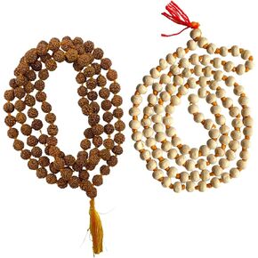 NAISHA (Pack of 2 Tulsi Holy Basil Japa Mala & Rudraksha Mala 108+1 Beads Japa Mala 5 face Panch Mukhi Rudraksha Seed for Daily Mantra Jaap with tassel