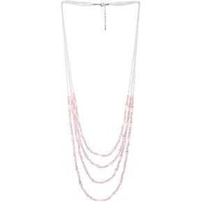 COOLSTEELANDBEYOND Chic Pink and White Crystal Beads Statement Necklace Multi-Strand Long Chains Layered Necklace