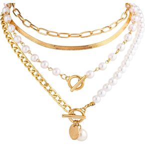 4pcs Women's Pearl Necklace, Layering Stack Pearl Pendant Necklace Multilayer Paper Clip Gold Necklace Chunky Necklaces for Women Summer Seaside Jewelry