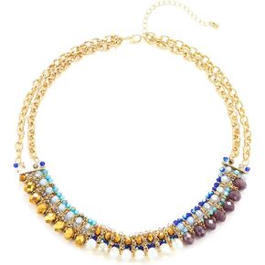 COOLSTEELANDBEYOND Multi-Color Beaded Statement Necklace, Colorful Faceted Crystal Beads Choker, Gold Chain, Stylish