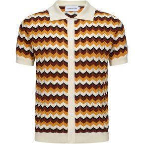 OXKNIT Men Knit Polo Shirts Short Sleeve 1960s Mod Style Vintage Polo Shirt Retro Poloshirt with Yellow Brown Wave