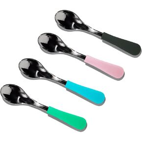 Avanchy Baby Spoons Set, Stainless Steel and Silicone Spoon Utensils, Toddler Baby Led Weaning Silverware Cutlery Flatware, Kids First Self Feeding 4 Pack, Green, Blue, Pink and Black