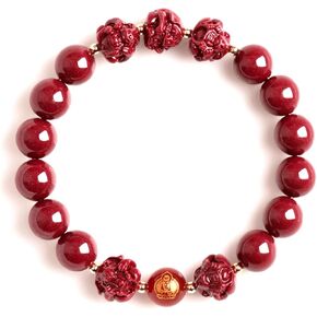 FengShui Wealth and Luck Bracelet, Feng Shui Cinnabar Stone Zodiac Wealth Bangle Prosperity Buddha Beads Elastic Bracelet for Women Jewelry