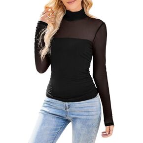 Womens Sheer Long Sleeve Tops Mesh Turtle Mock Neck Blouse Going Out Shirt Outfits