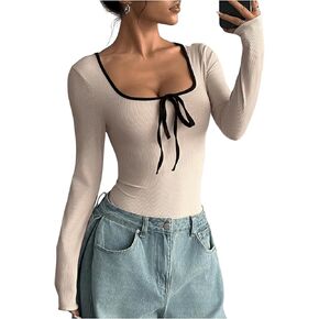 SOLY HUX Women's Long Sleeve Ribbed Bodysuits Scoop Neck Slim Body Suits Tie Front Knit Tops