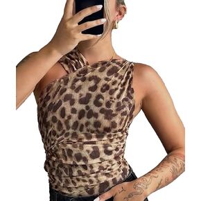 SEMATOMALA Women's Sleeveless Leopard Ruched Mesh Bodysuit Top Sexy Night Club Wear Going Out Streetwear
