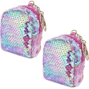 Pink Sequin Coin Purse, Mini Backpack Keychain, Tiny Backpack, Small Sequins Coin Purse with Zipper for Shopping,Travelling, Party (2Pcs Pink)