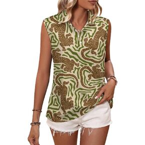 Womens Tiger Stripes Sleeveless Golf Shirt Athletic Tank Tops Ladies Casual Summer Green Stripes Golf Wear Polo Tennis Shirts for Women Large