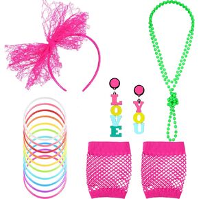 80s Fancy Dress Costume Accessories Lace Headband Earrings Fishnet Gloves Necklace Bracelet for 80s Retro Party (Colorful)