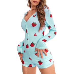 WDIRARA Women's Strawberry Graphic Onesie Romper Pajama V Neck Long Sleeve Shorts Bodycon Overal Sleepwear