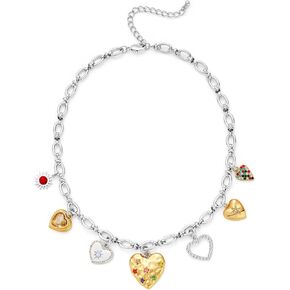 LILIE&WHITE Gold And Silver Charms Necklace Colorful Puffy Heart Pendant Necklace Trendy Chain Link Necklaces Fashion Two Tone Choker Necklaces