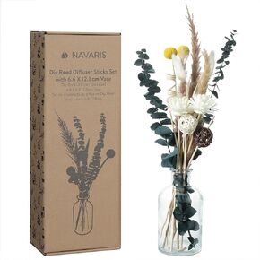 Navaris DIY Reed Diffuser Sticks Set - Customisable Room Freshener & Home Fragrance Kit - Home Scent Diffusers Ideal for Living Room, Bedroom, Bathroom - With 6.6 x 12.8cm Vase