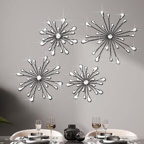 Hicarer 4 Pcs Starburst Wall Decor Bling Wall Art Crystal Teardrop 3D Hanging Rhinestone Radial Metal Artwork Modern Accent Sculptures Decorations for Living Room Home Office Bedroom(Silver)