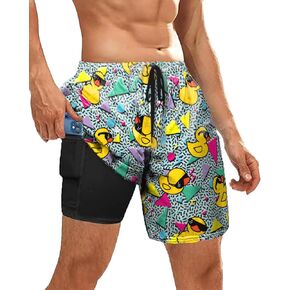 2 in 1 Mens Swim Trunks with Compression Liner 80s 90s Boardshorts Quick Dry Beach Shorts