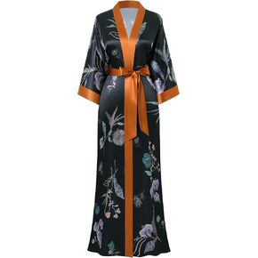 PRODESIGN Kimono Robes for Women - Long Satin Sleepwear Silky Nightgown Bathrobe Floral Dressing Gown Blouse Wedding Robe