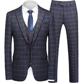 UNINUKOO Men's Suit Plaid 3 Piece Slim Fit Tuxedo Checked Business Formal Black Blue Suits for Men