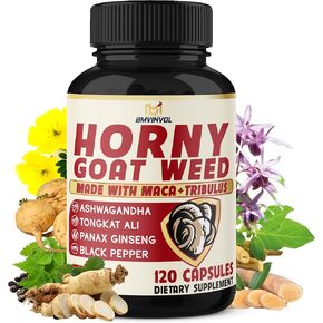 BMVINVOL Horny Goat Weed for Men and Women with Maca, Tribulus, Ginseng, Ashwagandha, Tongkat Ali - 120 Capsules for 4 Month Supply