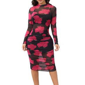 نساء مثير انظر من خلال شبكة طويلة الأكمام ruched midi فساتين المحاصيل أعلى bodycon تنورة 3 قطعة ملابس مجموعة النادي