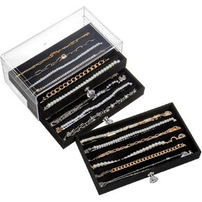 Necklace Organizer Box, Velvet Necklace Box Holder Tray with Clear Lid Chains Showcase Stackable Necklace Storage for Pendant Bracelet (5 Drawers - Beige)