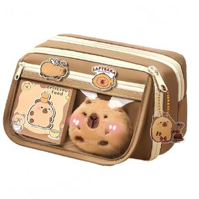 Kawaii Capybara Makeup Bag Kit, Plush Doll+20 Stickers+2 Brooches+Sticky Notes+Pendant, 9-Layer Large-Capacity Pencil Case (Brown) in Kuwait