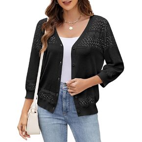 Women's Lightweight Cardigan Sweaters 3/4 Sleeve V Neck Button Down Hollowed-Out Trendy Cardigan Knit Shrugs Tops