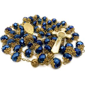 Nazareth Store Sky Blue Rosary St Benedict Crystallized 10mm Beads Rosary Necklace Gold Plated Miraculous Medal & Cross Crucifix in Saudi Arabia