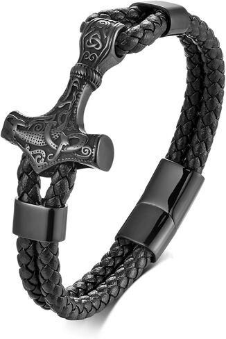 Men Leather Braided Viking Bracelet,Thor's Braided Wristband Gothic Punk Cuff Stainless Steel Buckle Bracelet for Men,21CM/8.2" in Kuwait