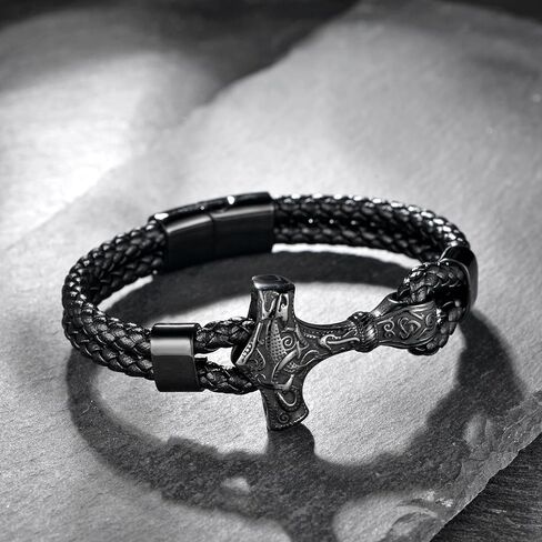 Men Leather Braided Viking Bracelet,Thor's Braided Wristband Gothic Punk Cuff Stainless Steel Buckle Bracelet for Men,21CM/8.2" in Kuwait