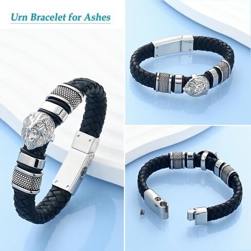 zeqingjw Cremation Jewelry Lion's Head Urn Bracelet for Ashes for Men Braided Leather Keepsake Ash Holder Memorial Bangle in Saudi Arabia