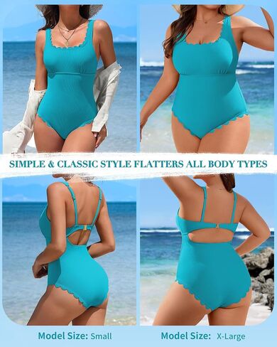Charmo Womens Scalloped Ribbed One Piece Swimsuits Retro Square Neck Modest Bathing Suits in Kuwait