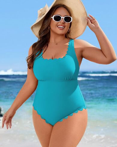 Charmo Womens Scalloped Ribbed One Piece Swimsuits Retro Square Neck Modest Bathing Suits in Kuwait