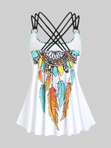 ROSE GAL Rosegal Women Plus Size Modest Tankini Swimsuit Feather Strappy Crisscross Swimwear in Saudi Arabia