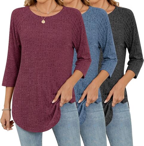 RIYIPER 3 Pack Women's 3/4 Crew Neck Tunic Tubs ، Raglan Sleeve Sleeved Sleved Side Side Dring Thirts فضفاضة in Kuwait