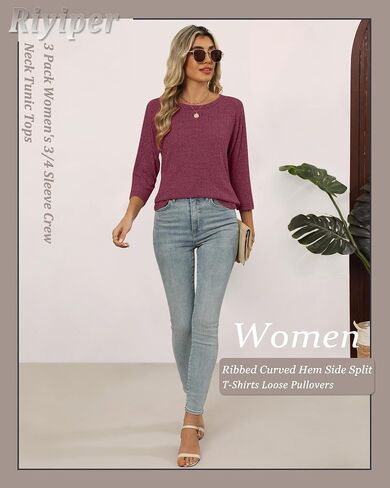 RIYIPER 3 Pack Women's 3/4 Crew Neck Tunic Tubs ، Raglan Sleeve Sleeved Sleved Side Side Dring Thirts فضفاضة in Kuwait