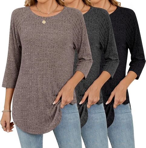 RIYIPER 3 Pack Women's 3/4 Crew Neck Tunic Tubs ، Raglan Sleeve Sleeved Sleved Side Side Dring Thirts فضفاضة in Kuwait