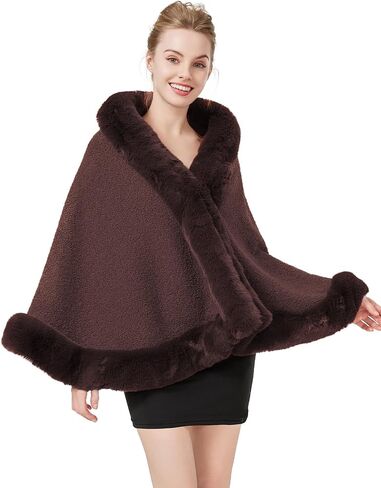 Faux Fur Shawl Wrap Cape Poncho with Trim Women Cardigan Coat Sleeveless Open Front Winter Dressy Fashion Tops in Saudi Arabia