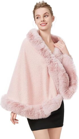 Faux Fur Shawl Wrap Cape Poncho with Trim Women Cardigan Coat Sleeveless Open Front Winter Dressy Fashion Tops in Saudi Arabia