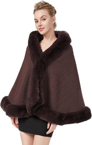Faux Fur Shawl Wrap Cape Poncho with Trim Women Cardigan Coat Sleeveless Open Front Winter Dressy Fashion Tops in Saudi Arabia