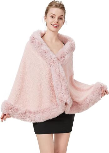 Faux Fur Shawl Wrap Cape Poncho with Trim Women Cardigan Coat Sleeveless Open Front Winter Dressy Fashion Tops in Saudi Arabia